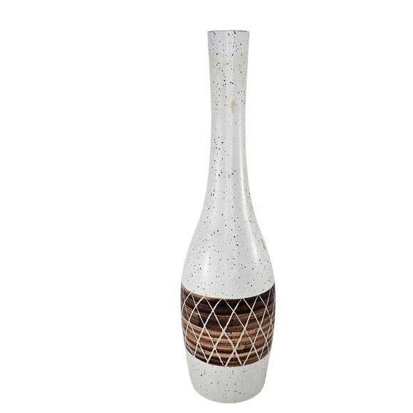 Tall Raymor Ceramic Vase With Brown Diamond Pattern & Speckled White Glaze - Picture 5 of 11
